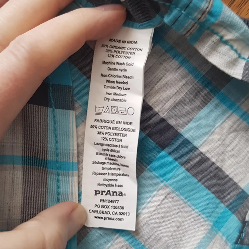 Men's Prana Short Sleeve Blue Plaid Organic Cotton Blend Button Down Size S - Picture 3 of 13